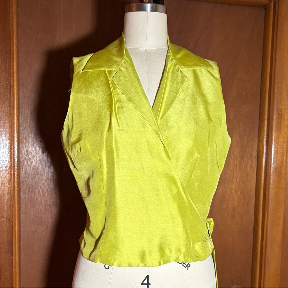 ICE 100% Silk Wrap-Front Sleeveless Top in Chartreuse Green Size S